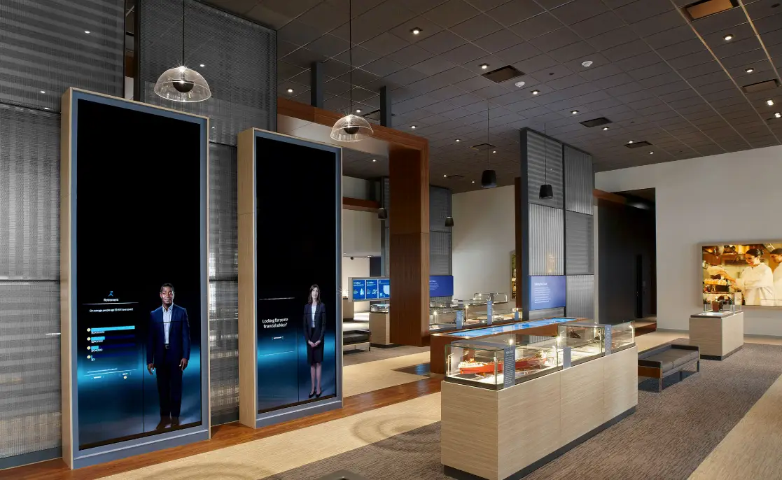 Northwestern Mutual Experience Center digital displays and artifact cases.